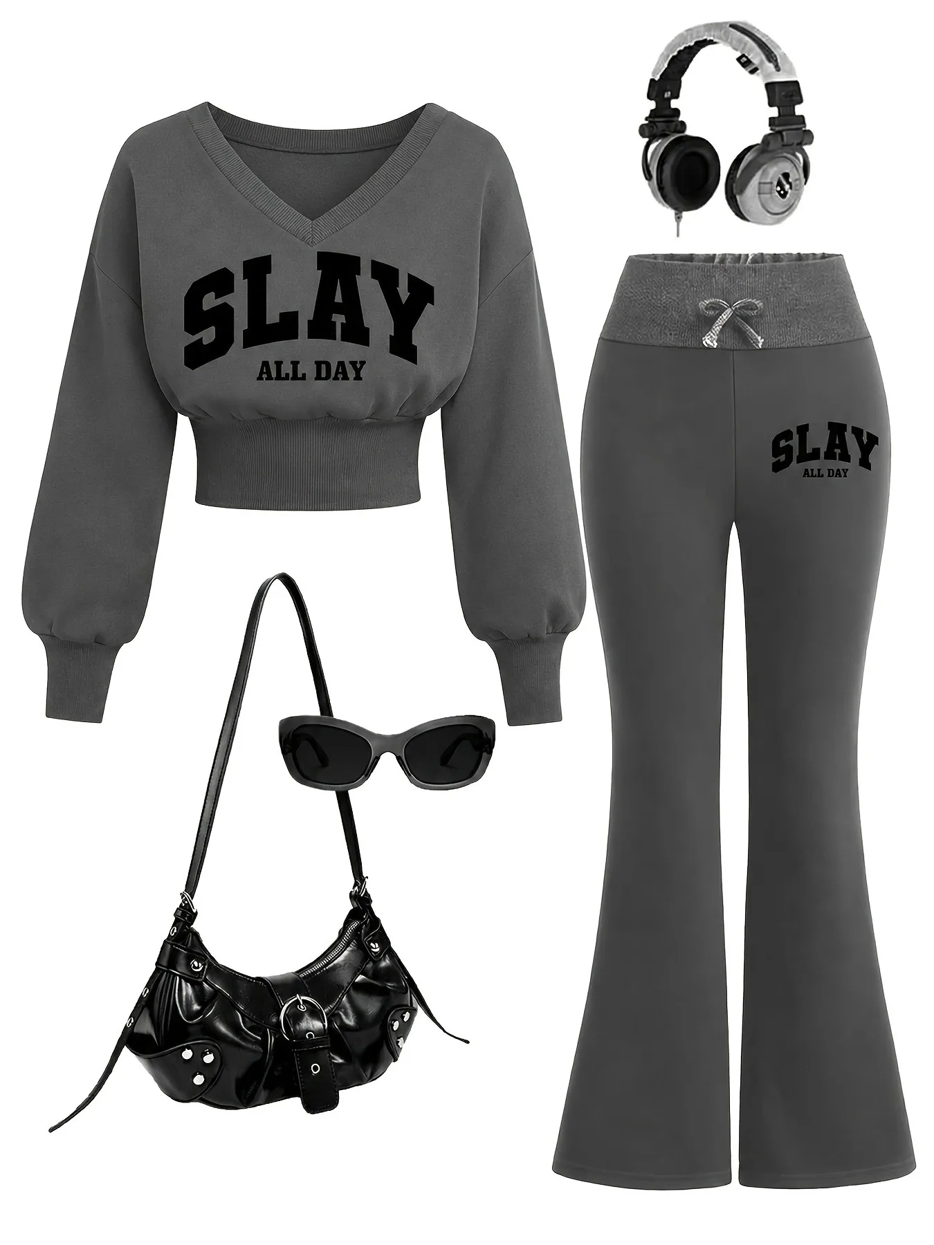 Girls 2Pcs SLAY Letter Print V-neck Cro Sweatshirt Bow Waist Flare Pants Set Casual Streetwear Daily Sports 2-Piece Outfit