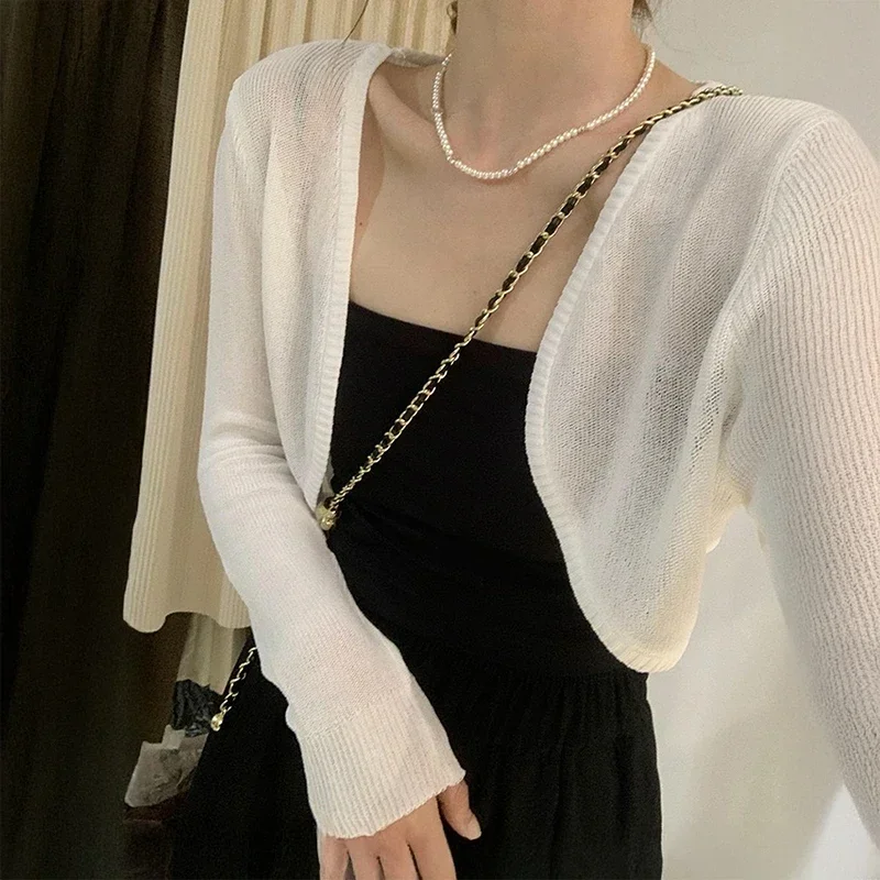 

Crochet Shrug Cardigan For Women Cover Up Long Sleeve Sheer Openwork Open Front Crop Sweater Knit Cover Up Beach Outfit