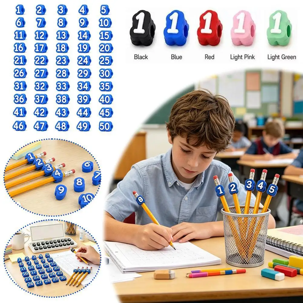 Numbered Slide‑On Pencil Toppers Reusable Pencil Marking Labels Cute Pen Decor Charms for School Classroom Teacher Tracking