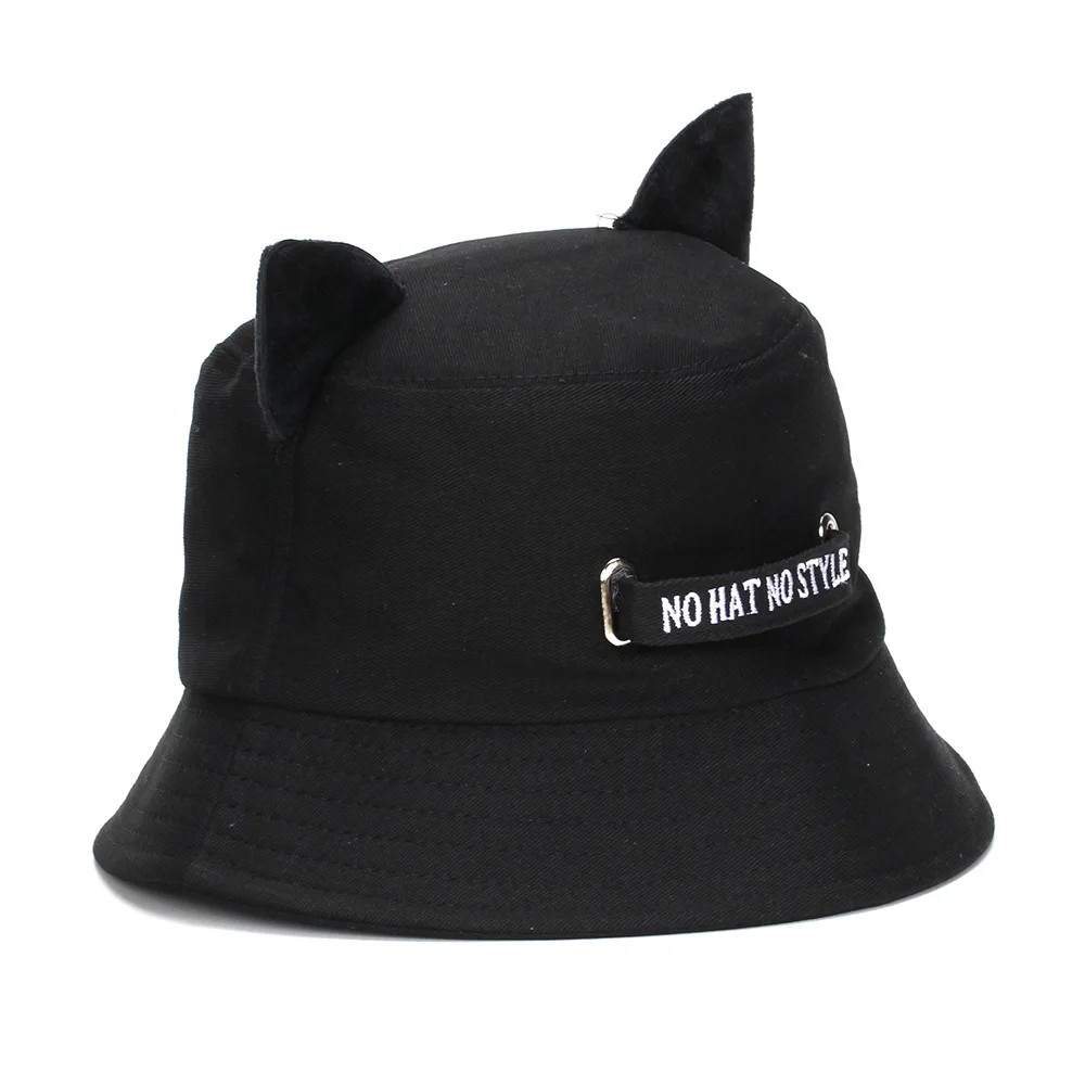 New Cute Cat Ears Fisherman Hat Women Casual Metal Ring Sun Cap Unisex Black Punk Bucket Hat Bob Outdoor Street Hip Hop Bonnets