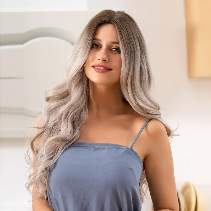 نمط جديد شعر مستعار موجة كبيرة للنساء أسود متدرج رمادي طويل مجعد الشعر مع الانفجارات الشعر الاصطناعية شعر مستعار كامل الرأس #4