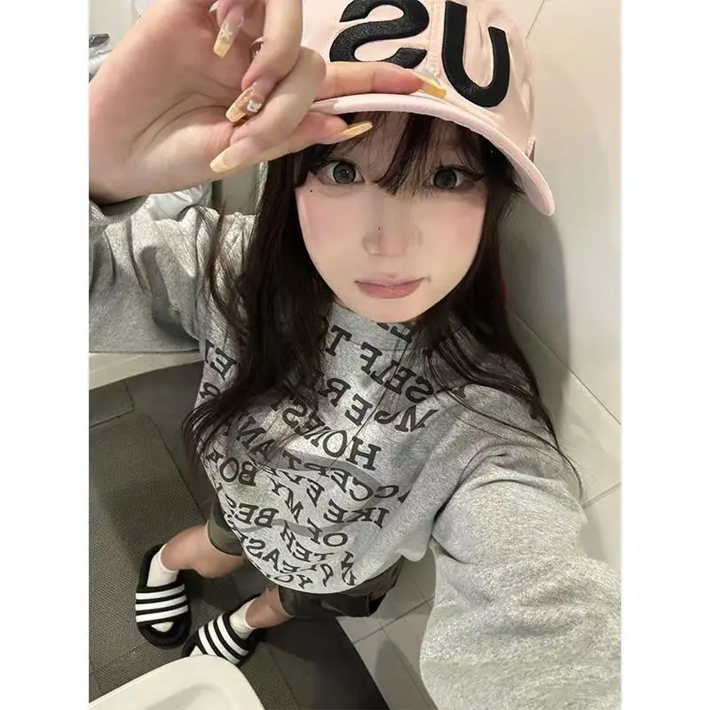 

American Retro Gray Full Letter Sweater Women's Spring and Autumn 2025 New Loose Pullover Small Short Top Women Clothes Fashion