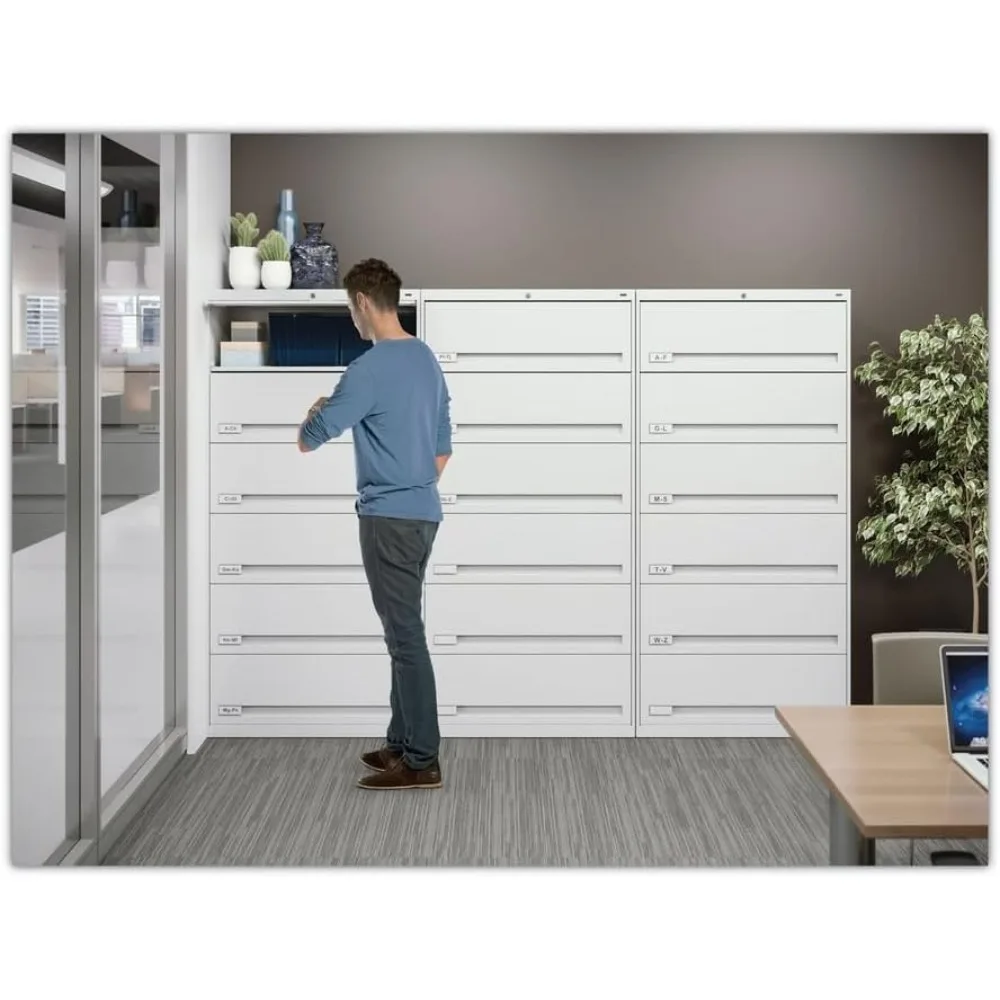 Closed holder lateral file, 30 D x 8 W x 6 H inches, rigid all-steel frame and shelving structure, space-saving material