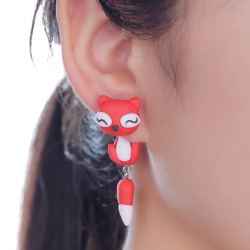Handmade Red Fox Polymer Clay Stud Earrings For Women 3D Animal Ear Jackets Front Back Piercing Jewelry Cute Cartoon Fox Earring