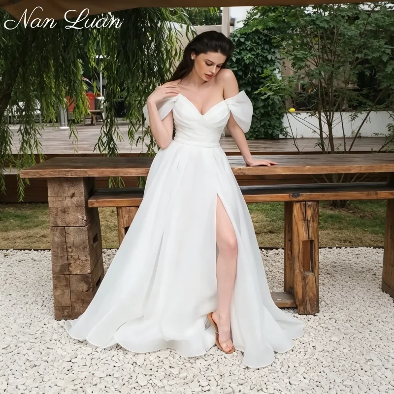 Puff Sleeve Organza Bridal Gown Off Shoulder Deep V High Slit Chapel Train Vestidos De Novia Customized
