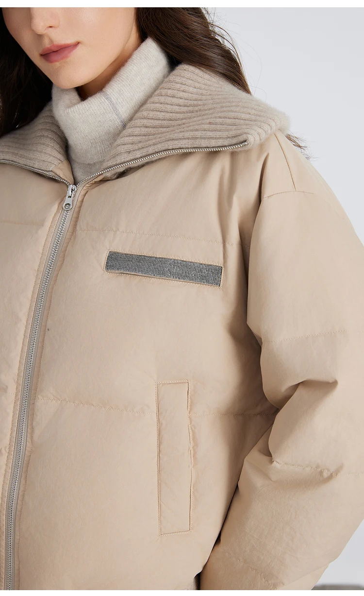 BC835 Weiße Gänsedaunenjacke mit großem Revers, warm, mit Reißverschluss, langärmelig, 100% Kaschmir, warmer Mantel – Detail 5