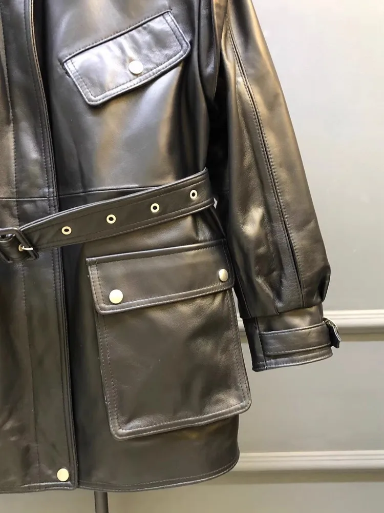 Women Retro Mid Long Luxury Genuine Leather Jacket Stand Collar Fashion Workwear Outerwear Pocket Belt Zip Real Sheepskin Coats
