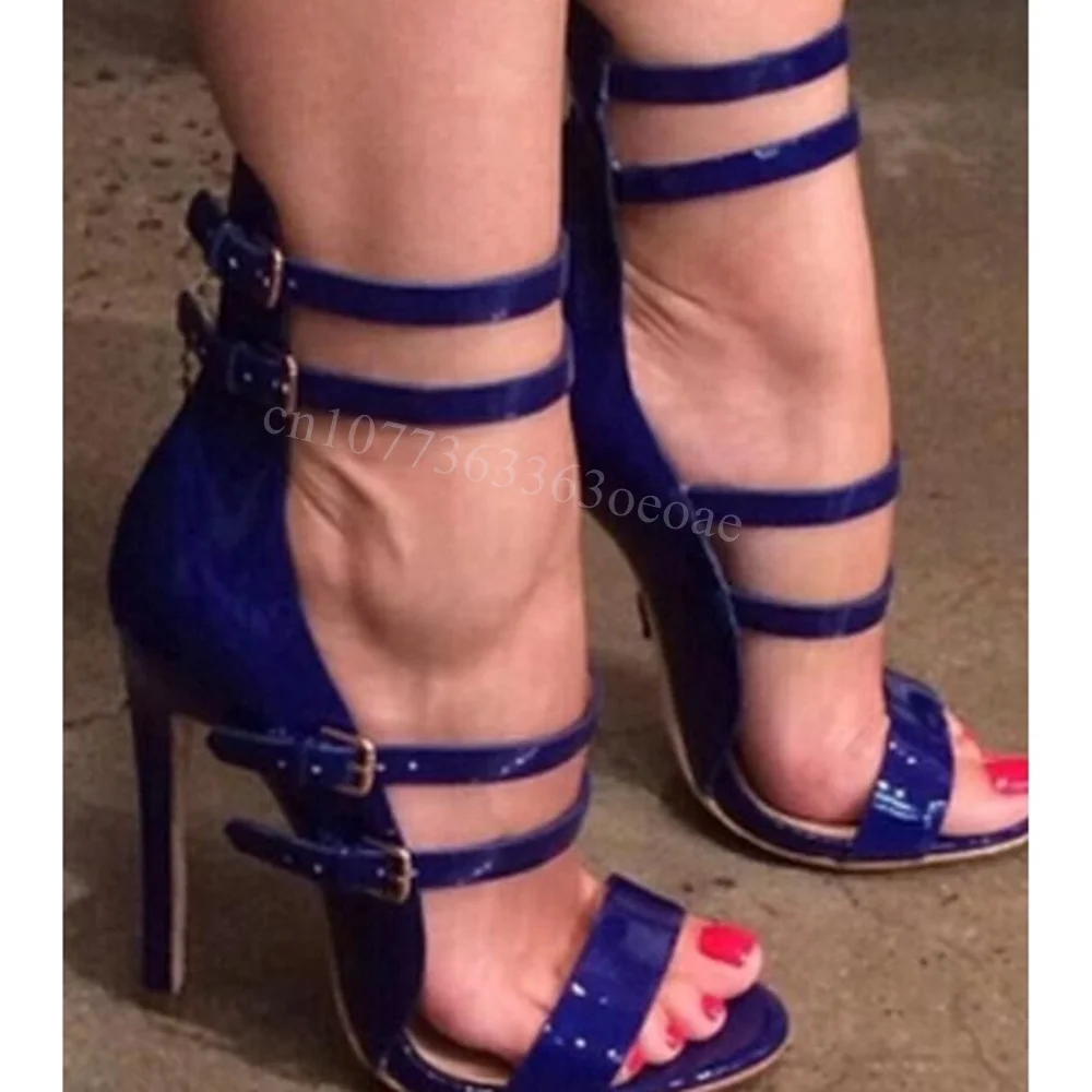 Blue Open Toe Buckle Belt Sandals Ankle Strap Thin High Heels Shoes for Wome Patent Leather Shoes 2024 Zapatos Para Mujere