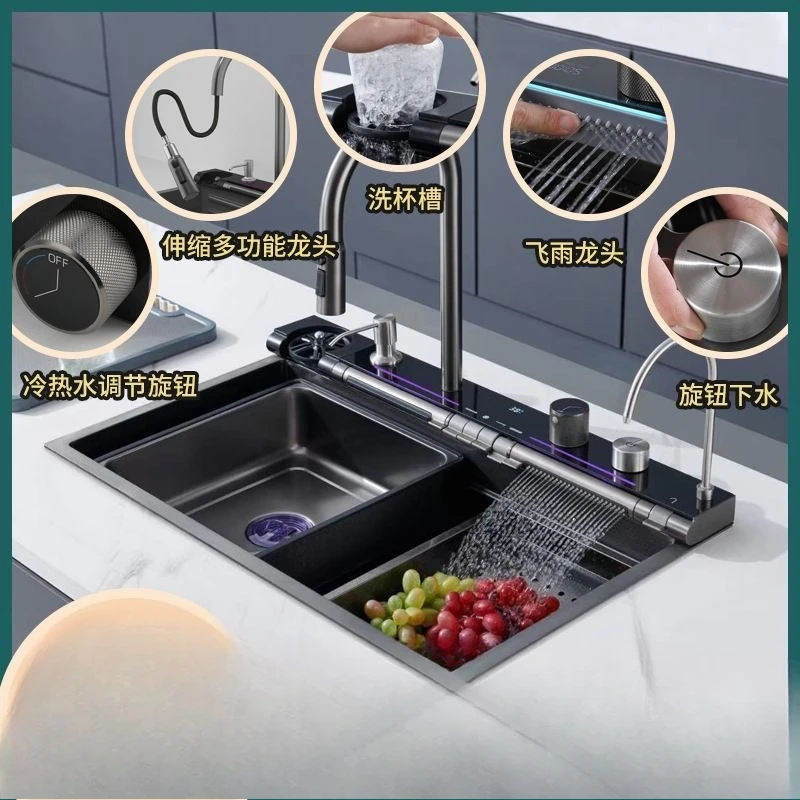 

304 stainless steel sink large single kitchen waterfall faucet honeycomb black vegetable basin