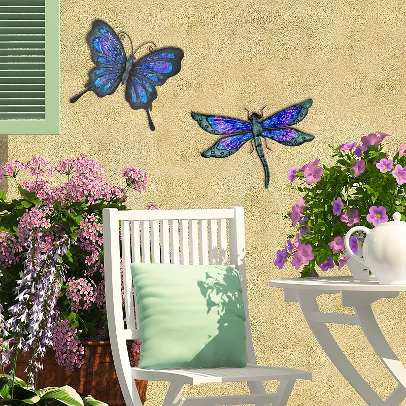 HONGLAND-Metal Butterfly Dragonfly Garden Decoration, Sculpture Statue for Wall Art, Ornaments of Patio Yard, 2 PCs