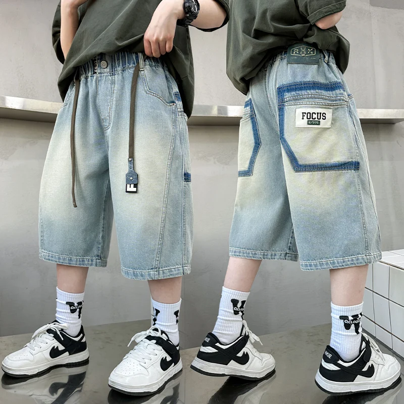 New Summer Tweens Boy Casual Drawstring Denim Shorts with Big Pocket Kids Child Fashion Jeans Capris Mid-Calf Cargo Shorts 5-14T