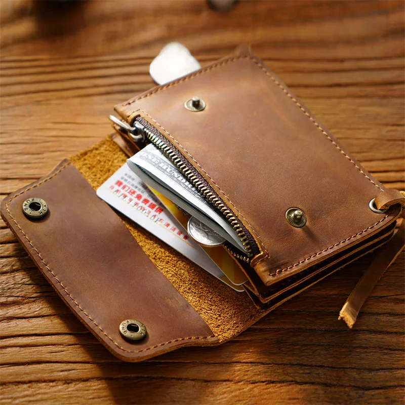 100% Genuine Leather Men Wallets Vintage Cowhide Zipper Coin Purse Multifunction Business Card Holder Small Portable Storage Bag