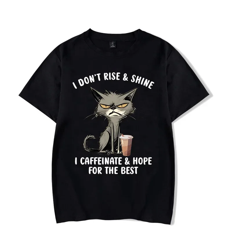 I Don’t Rise & Shine Graphic T Shirts Funny Cat Tshirt Black Men Tops Clothing Fashion Harajuku T-shirts Women Men Brand T-shirt