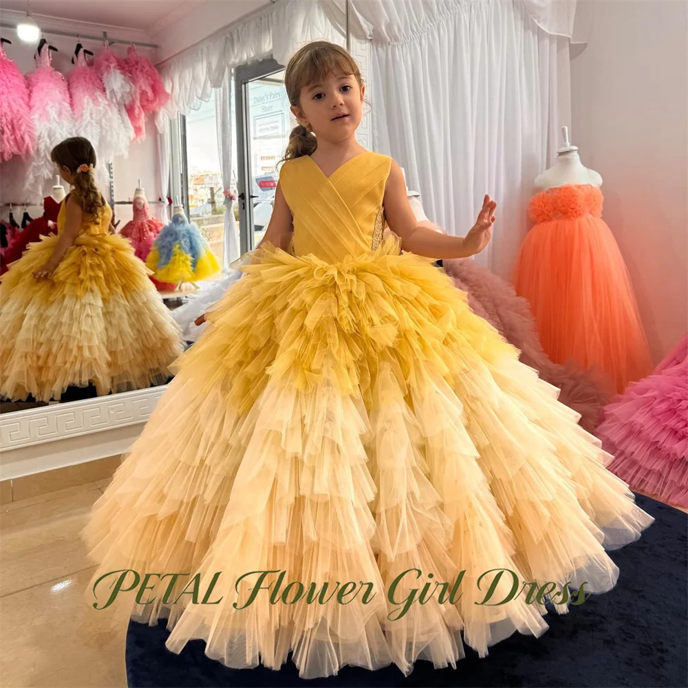 Petal Yellow Cream White Gradient Fluffy Flower Girl Dress with Layers Shape Kids Birthday Party Dress Tutu A Line Prom Gown