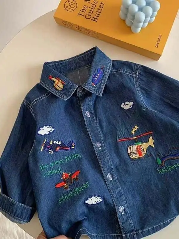 Camisa de Cowboy Bordada Fofa para Bebês, Novo Estilo Primavera Verão, Roupa Casual de Manga Longa para Meninos