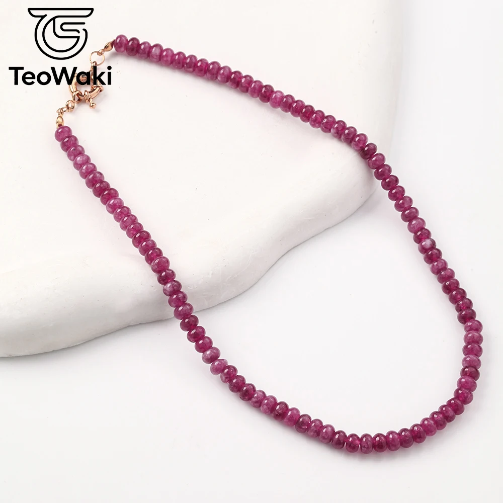 TeoWaki 4×6mm Elegant Natural Pink Tourmaline Abacus Bead Necklace Birthday Mother's Day Gift Ladies Fashion Neck Ornament 40cm