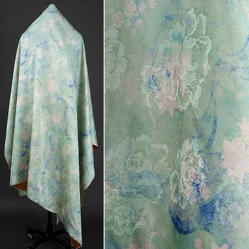 

Aqua Green Xiangyunsha Hualuo Fabric Large Floral Jacquard Qipao Dress Chinese Blouse Pastel Summer Vintage Textile