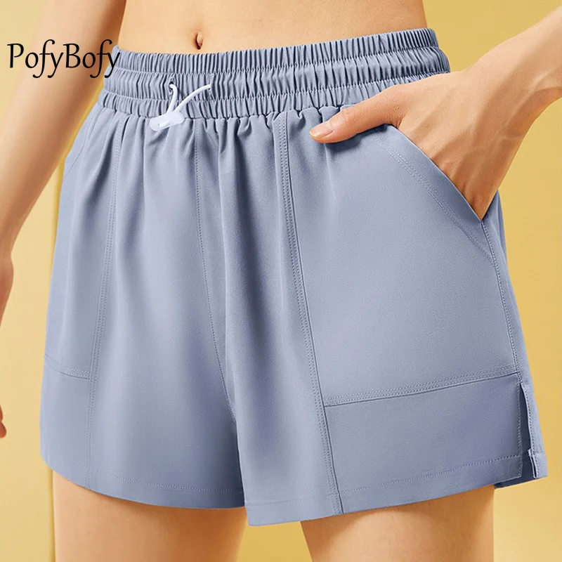 

PofyBofy Fake Two Pieces Side Pocket Spilt Hem Adjustable Buckle Quick Drying Yoga Shorts Fitness Running Sportwear Women Pants