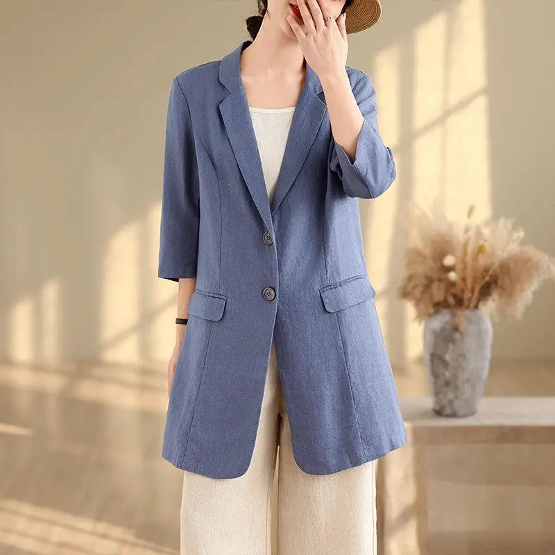 

2025 Women's Cotton Linen Blazer Spring Summer 3/4 Sleeve Mid-Length Casual Jacket Lightweight Breathable Versatile Office G499