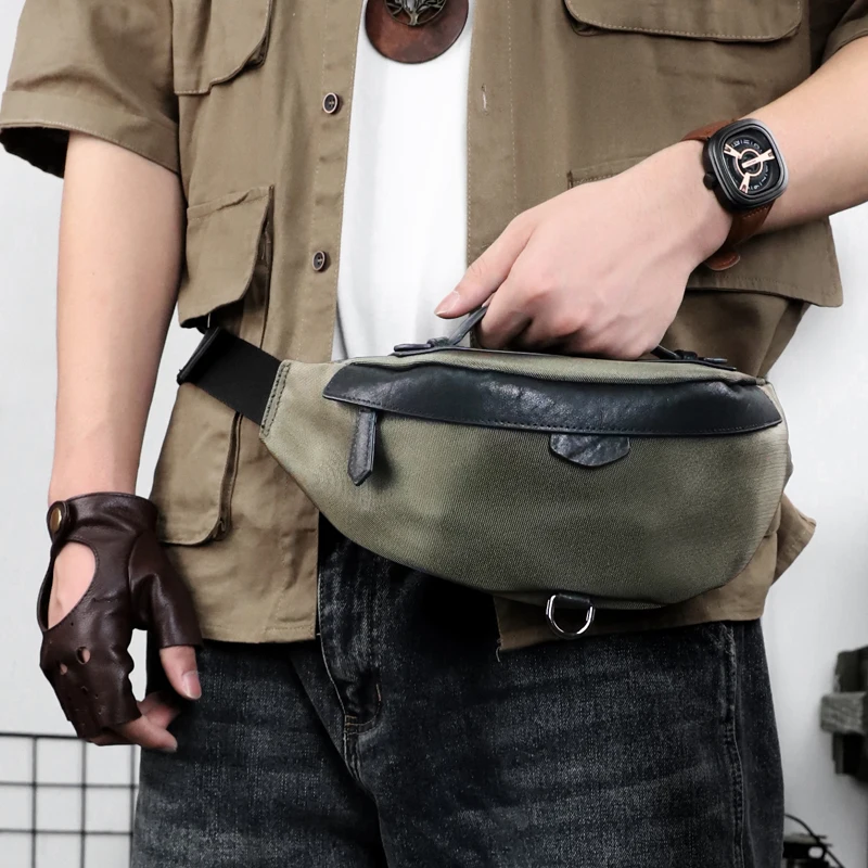 Nylon Fanny Pack Shoulder Chest Bum Bag For Women Men Nylon Genuine Leather Patchwork Waist Belt Bags Large Capacity Handbag