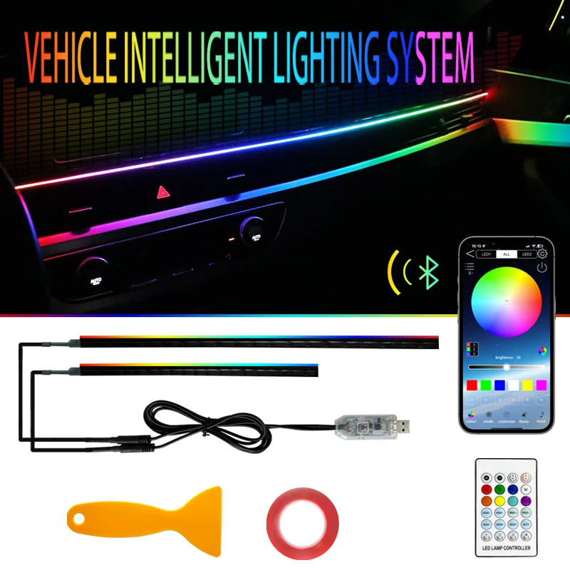 

RGB Car Interior Ambient Light Rainbow Acrylic Strip LED Symphony Remote/APP Control Decorative Dashboard USB Atmosphere Lamp