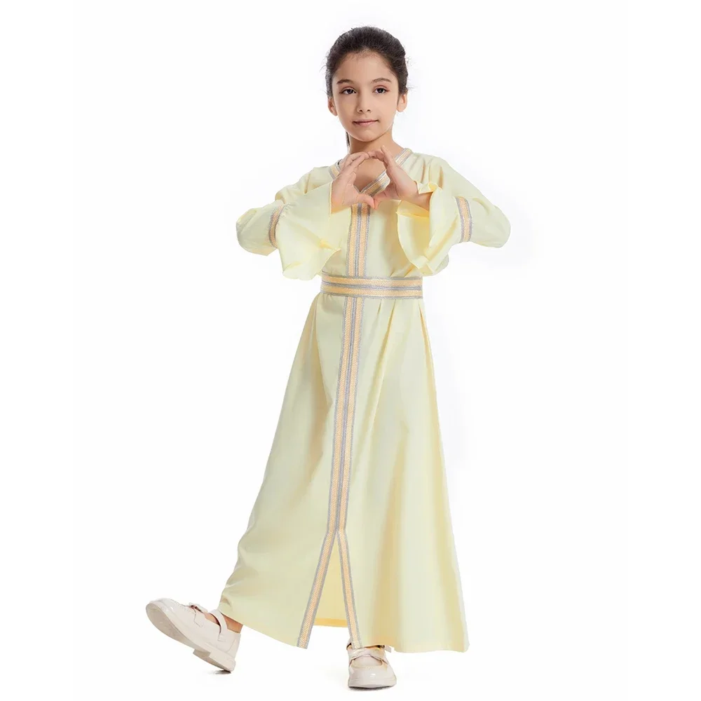 Muslim Girls Long Dress Ramadan Abaya Children Long Sleeve Kaftan Gown Arab Prayer Robe Turkish Kids Djellaba Islamic Clothing