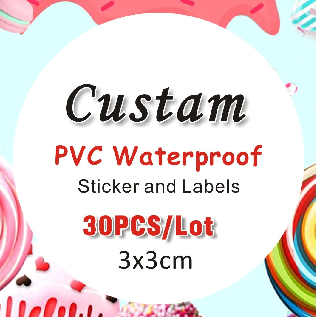 30PCS 3x3cm PVC waterproof stickers custom logo wedding birthday gift box sticker design custom size