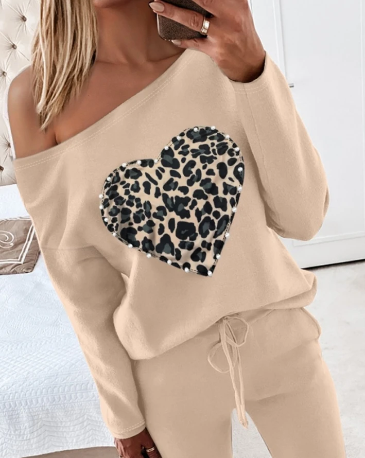 Two Piece Set Women Outfit 2024 Spring Fashion Cheetah Heart Print Beaded Long Sleeve Top & Casual Drawstring Daily Pants Set