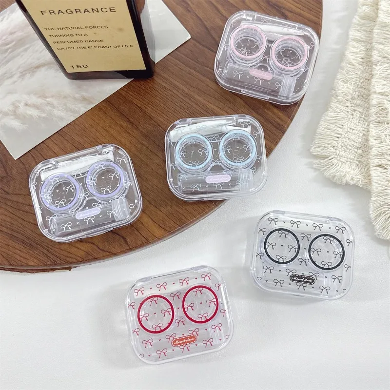 Minimalist Bow Print Clear Contact Lens Case Portable Transparent Lens Storage Box with Tweezers Solution Bottle