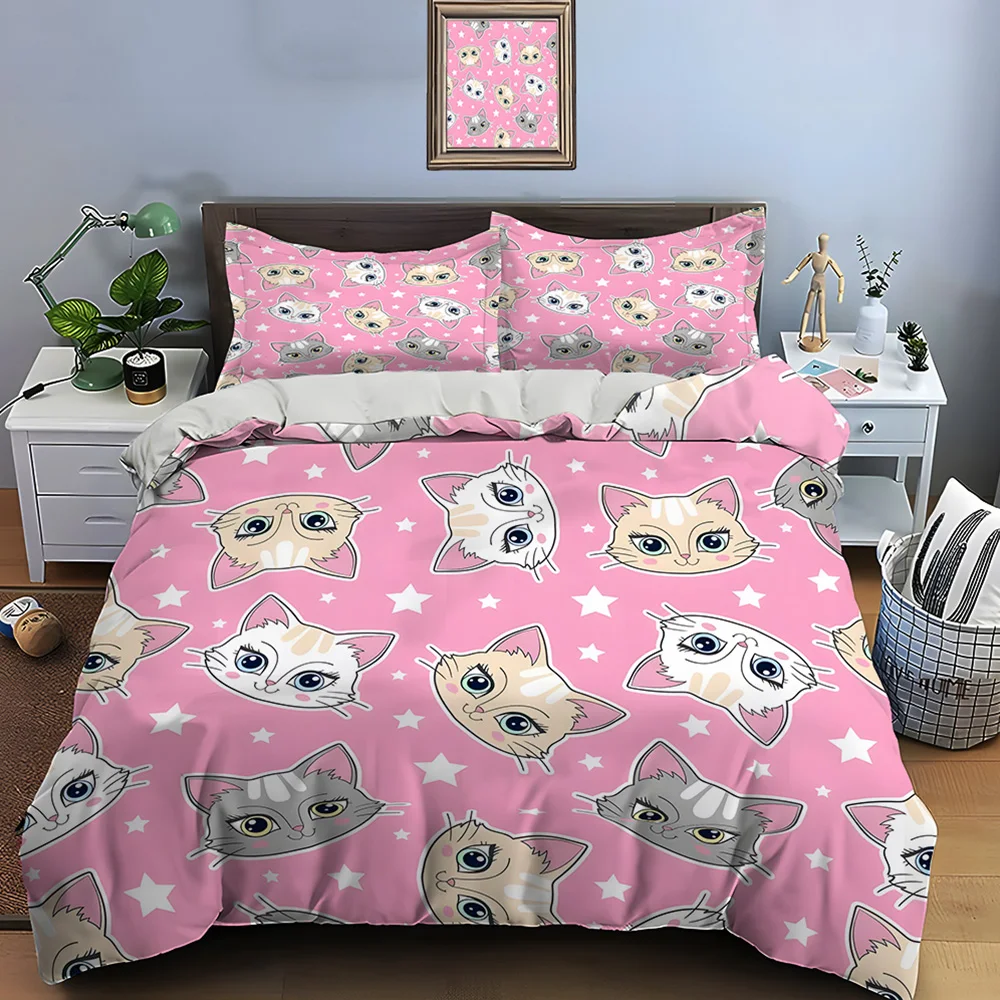 Cartoon cat heads pink background Bedding Set for Kids Luxury Gift 3pcs Digital Print Comforter Set Soft Comfortable Breathable