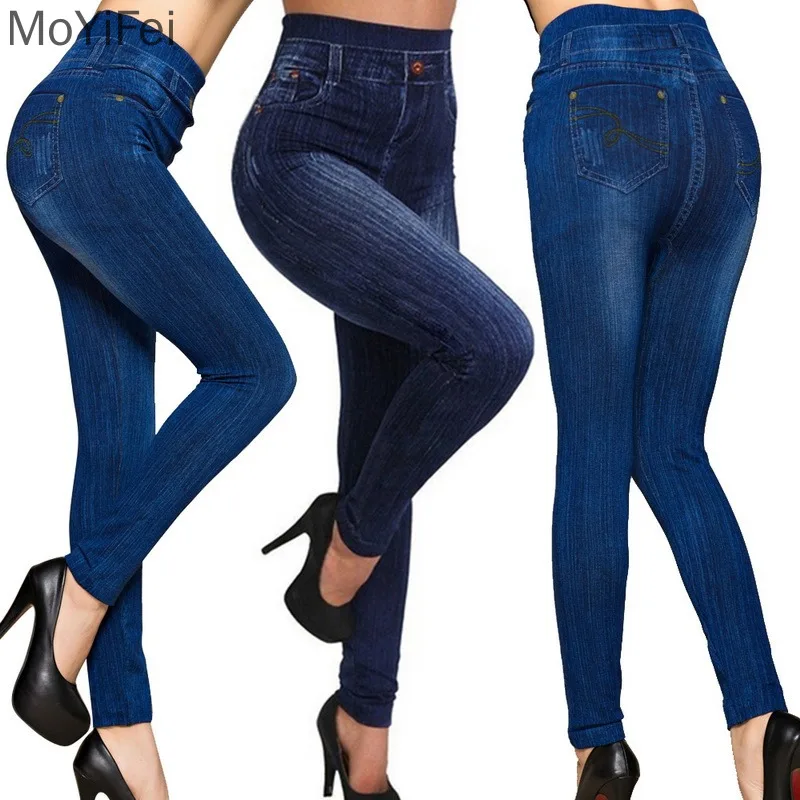 Women\'s Elastic Imitation Denim Tight Pants, High Waisted Slim Fitting Seamless Pencil Pants, Denim Casual Pants Sexy Elasticit