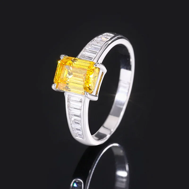 18K Gold Inlaid with PT950 Platinum Colored Gemstone Yellow Diamond White Bead Square Diamond Inlaid Ring Main Stone 6*8