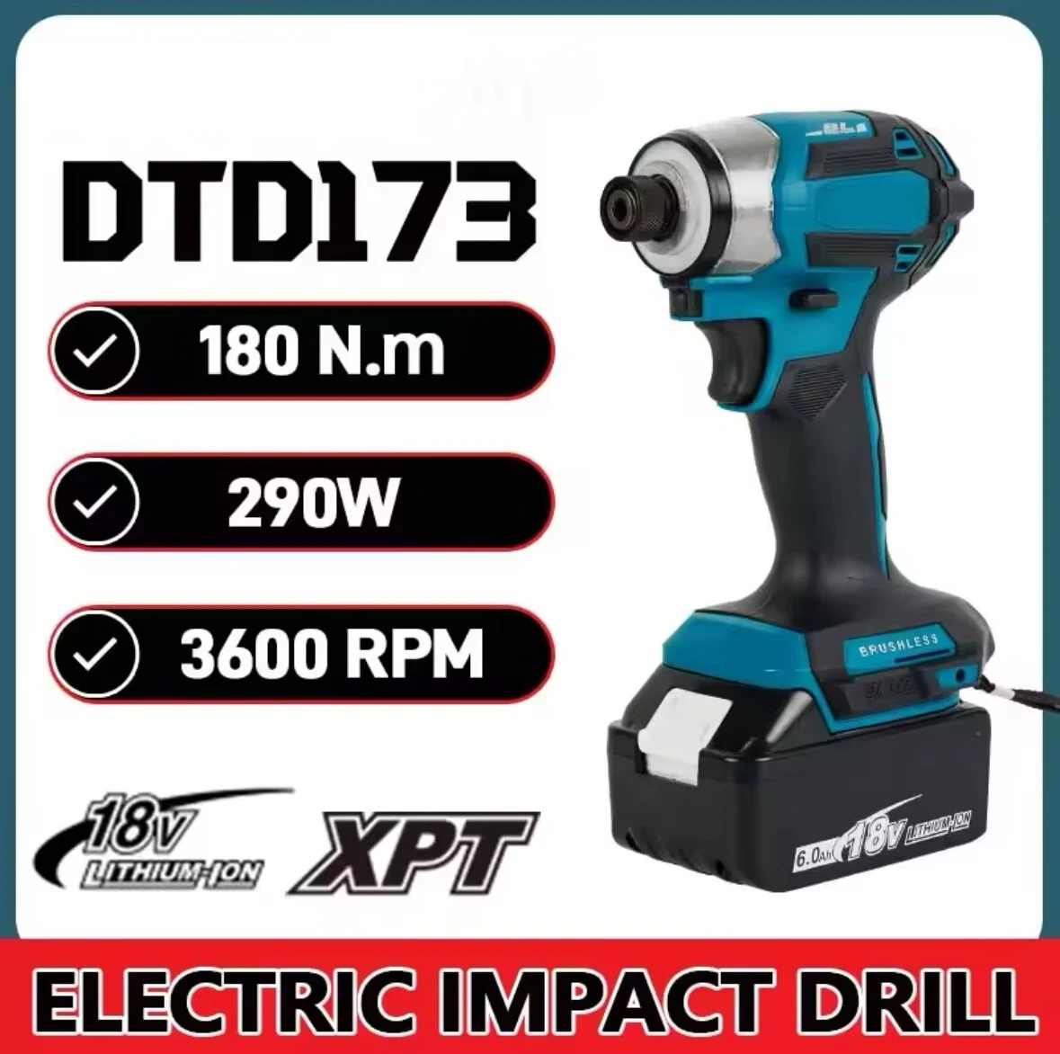 For Makita DTD173 1800rpm Cordless Impact Driver 180Nm Brushless Motor Electric Drill Wood/Bolt/T-Mode