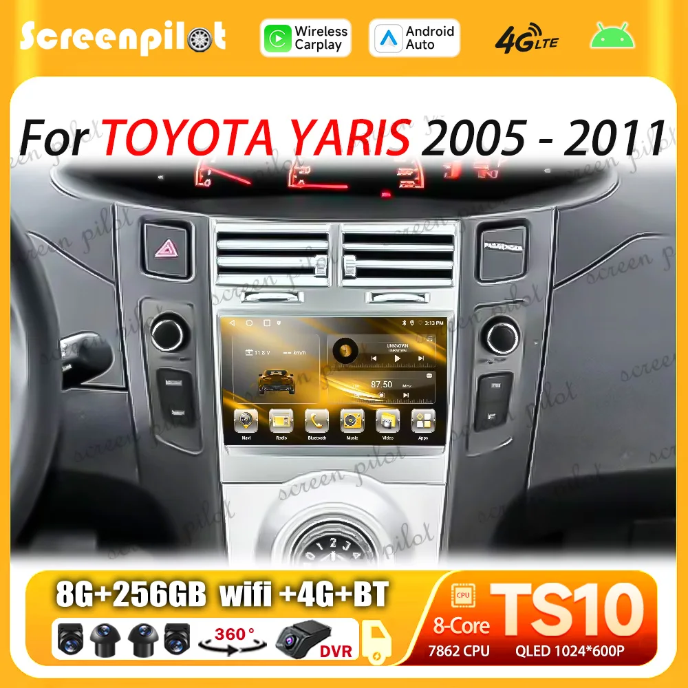 For TOYOTA YARIS 2005 2006 2007-2011 Android 16  Car Radio Stereo Head Unit Android Auto Carplay Wireless Android Auto Bluetooth