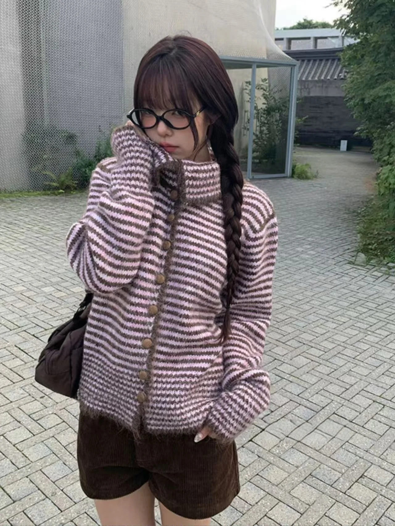 Low Saturation Retro Feel Autumn Winter Casual Knitted Cardigan Sweater Women's Turn-down Collar Striped Open-front Outerwear