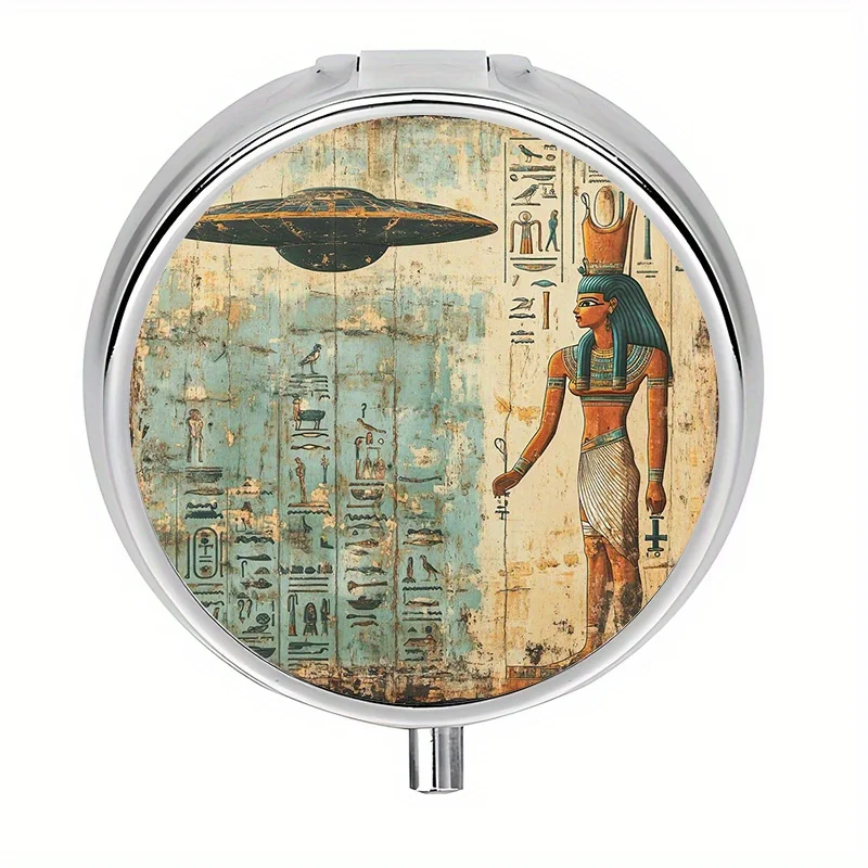 1-piece three-compartment pill box, ancient Egyptian UFO-themed mini pill container, pill organizer, unique travel gift