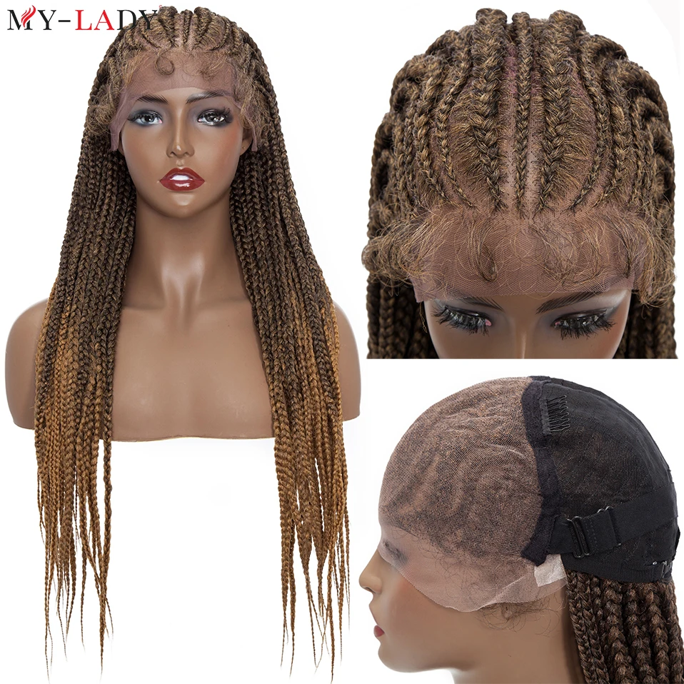 My-Lady Synthetic 27\'\' Braided Lace Front Wig Box Braids Wig For Black Women Straight Cornrow Braids Lace Wigs Frontal Afro Wigs