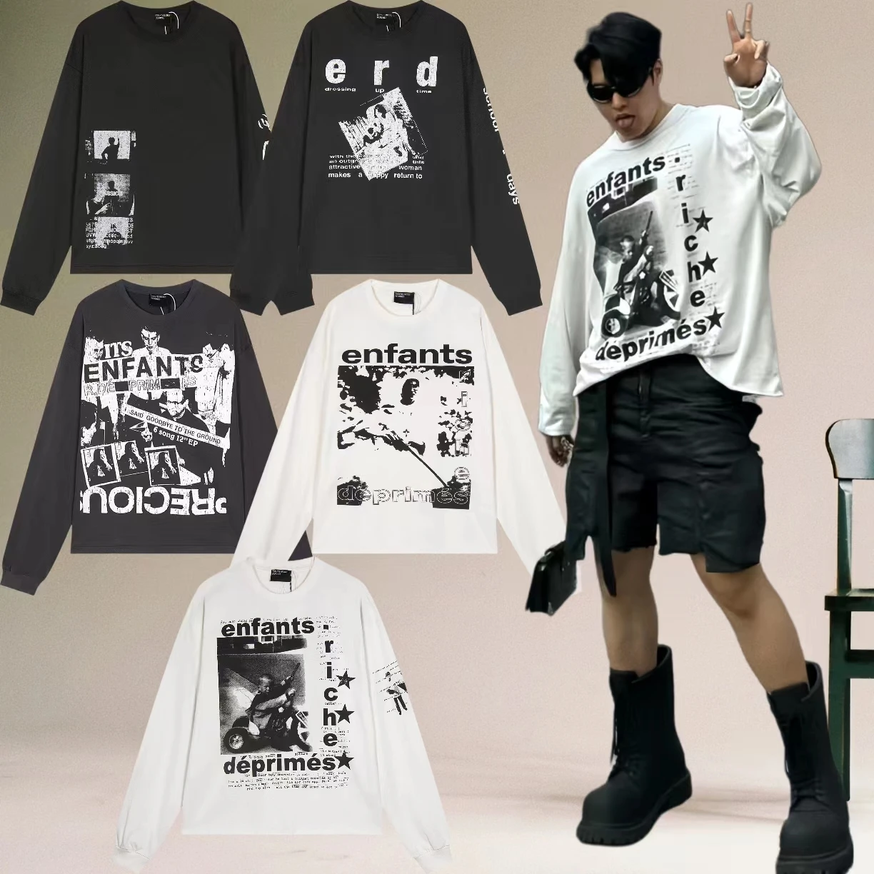 

Футболка Waed Loose Punk Ro Long Sve T-irt с креативным принтом, базовый слой, стиль American High Street, хлопок, молодежная мода