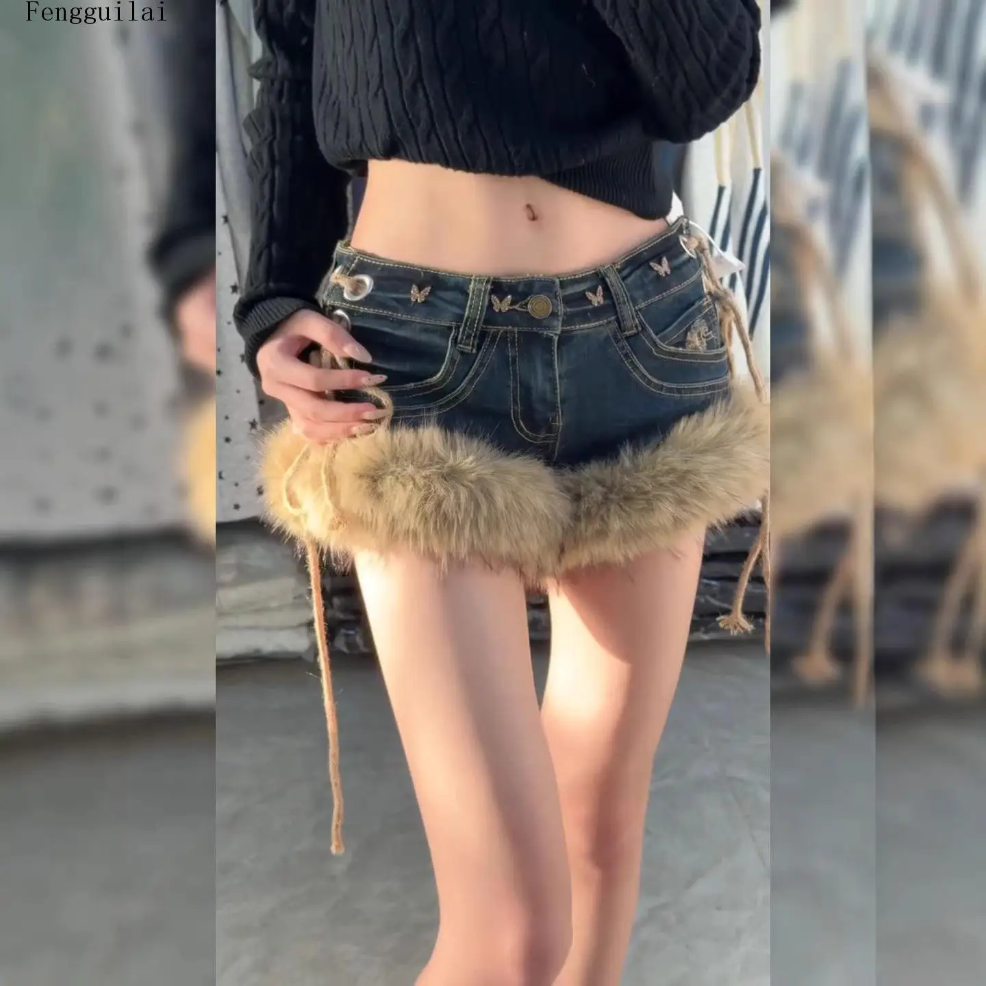 Ladies Low Waist Butterfly Embellished Denim Skirt Faux Fur Trim Hem Lace Up Eyelet Detail Vintage Y2K Mini Jean Skirt