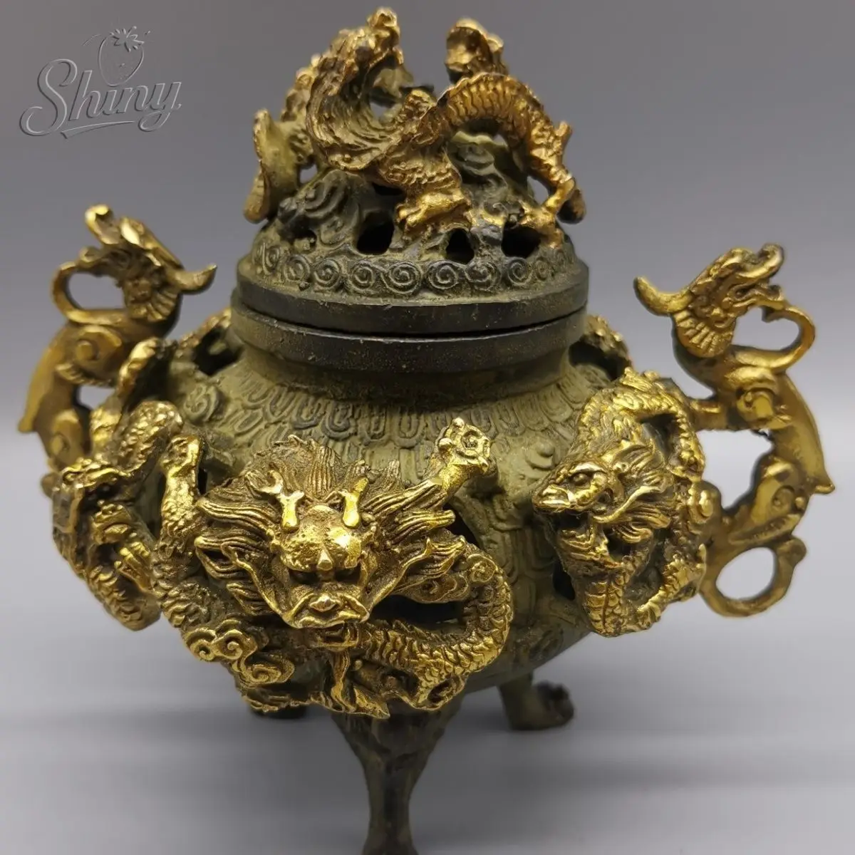 Old Collectable Ancient Bronze 9 Dragons Inlaid Tripod Incense Burners Statues