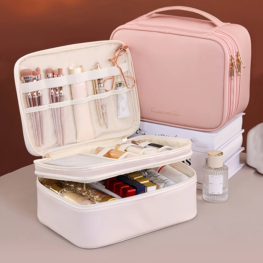New Large Double Layered Cosmetic Bag Large Capacity High Luxury Portable Makeup Storage Bag Handheld Makeup Box Travel Case