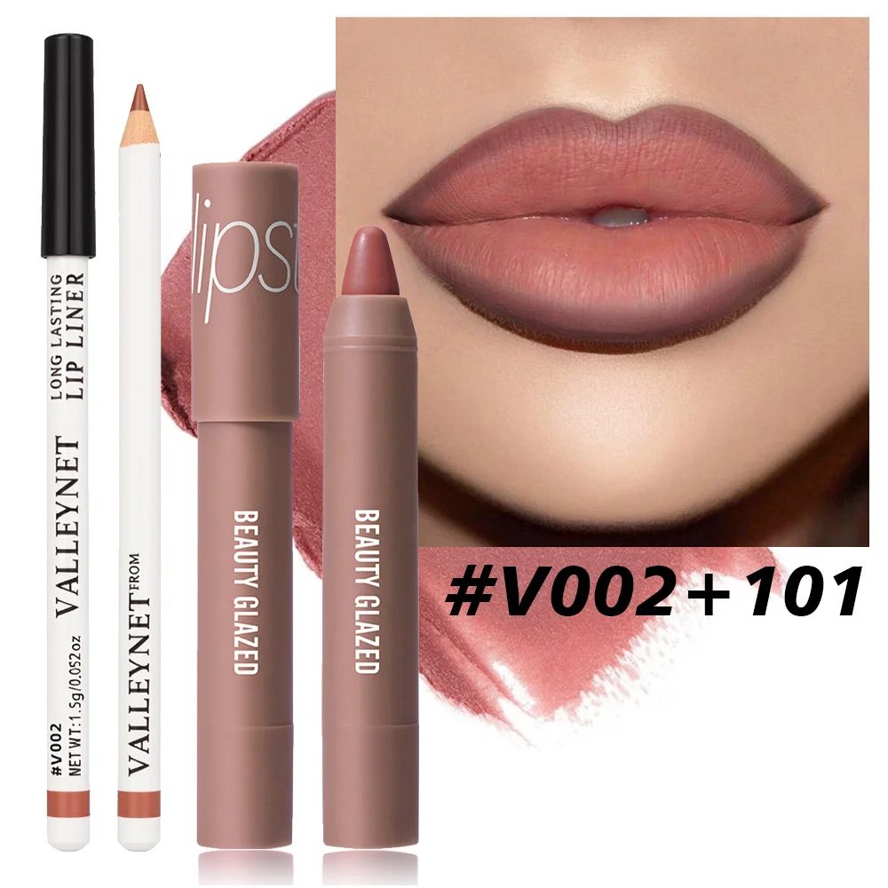2 unids/set delineador de labios mate + lápiz labial desnudo mate impermeable juego de maquillaje de labios conjunto combinado de maquillaje cosméticos