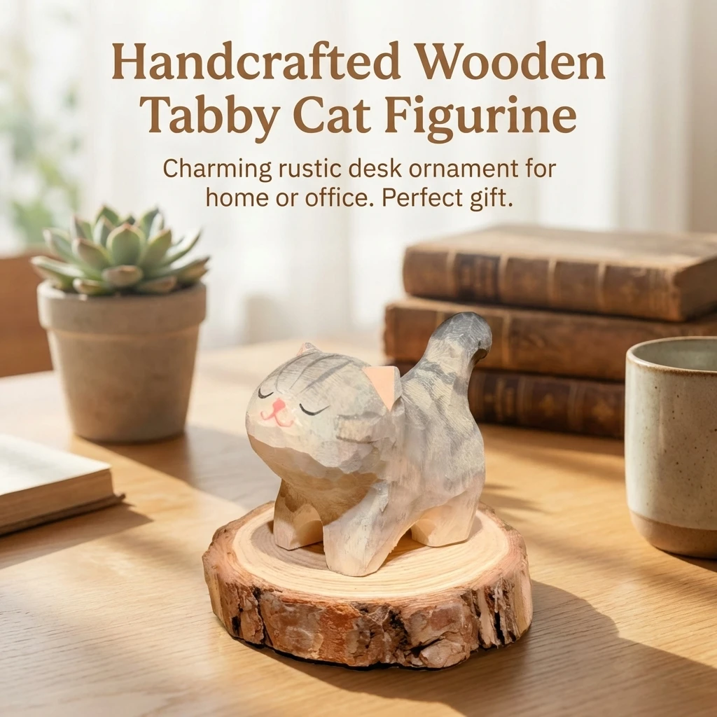 Solid Wood Cat Ornament for Home Office Desk Decor, Hand-Carved Wooden Animal Figurine, Cute Pet Gift, Artistic Sculpture