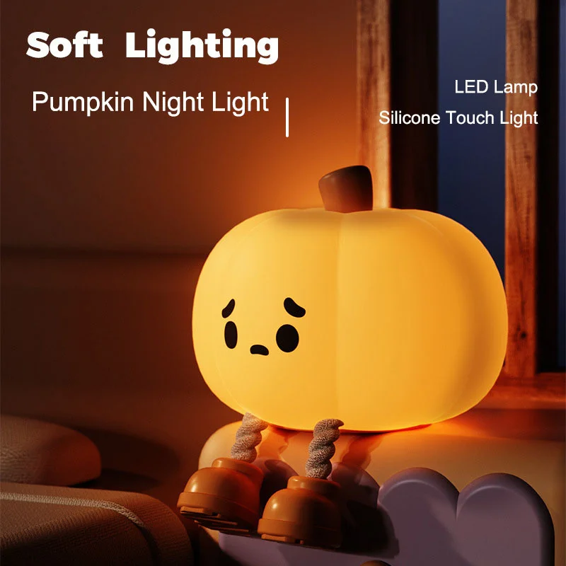 

Cute Pumpkin Night Light, Kawaii LED Lamp, Silicone Touch Light - 3 Level Dimmable, Funny Halloween Decor