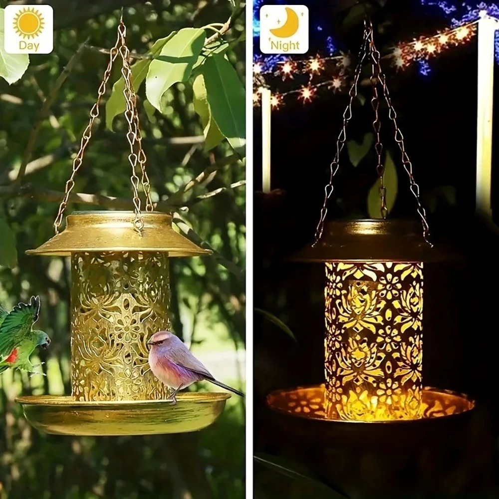 Outdoor Solar Bird Feeder Metal Hanging Feeder with LED Light for Garden Wildlife Feeding