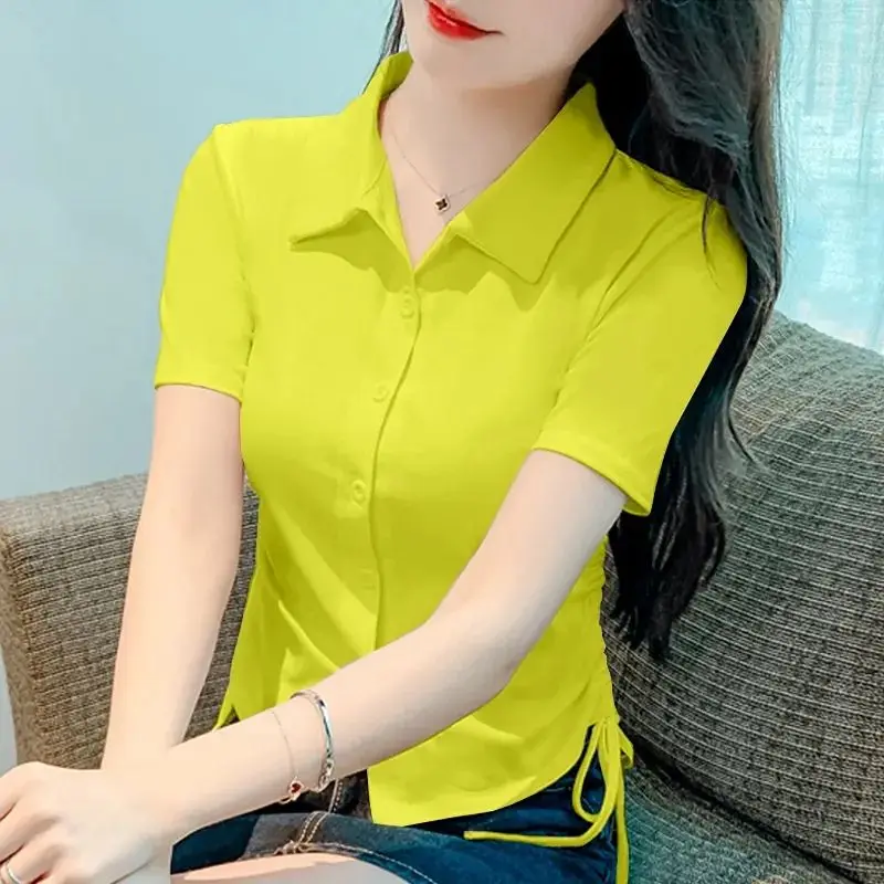 

Elegant Lapel Solid Color Shirring Bandage Shirt Women Clothing 2024 Summer New Chic Tops Short Sleeve Office Lady Blouse