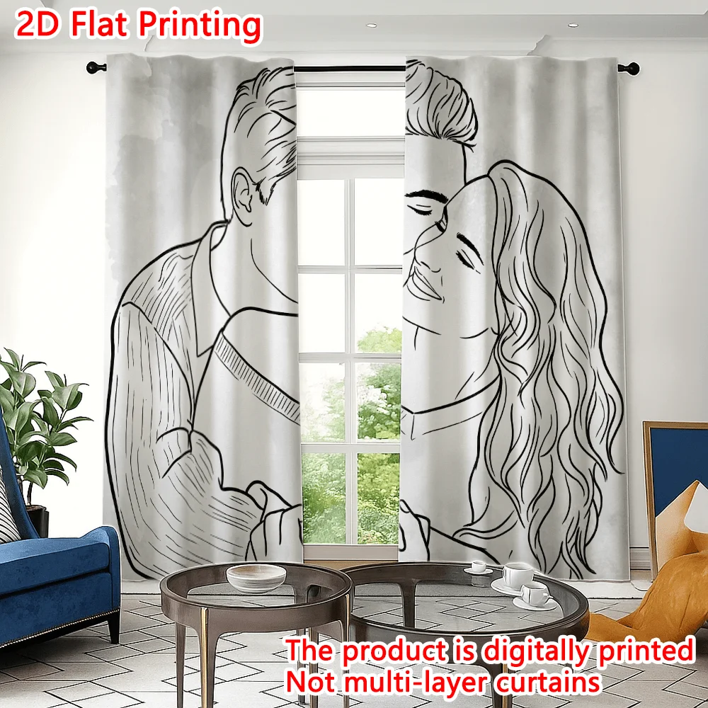 Romantic Couple Line Art Curtains, Black White Sketch Drapes, Wedding Bedroom Window Treatment Love Theme Home Decor