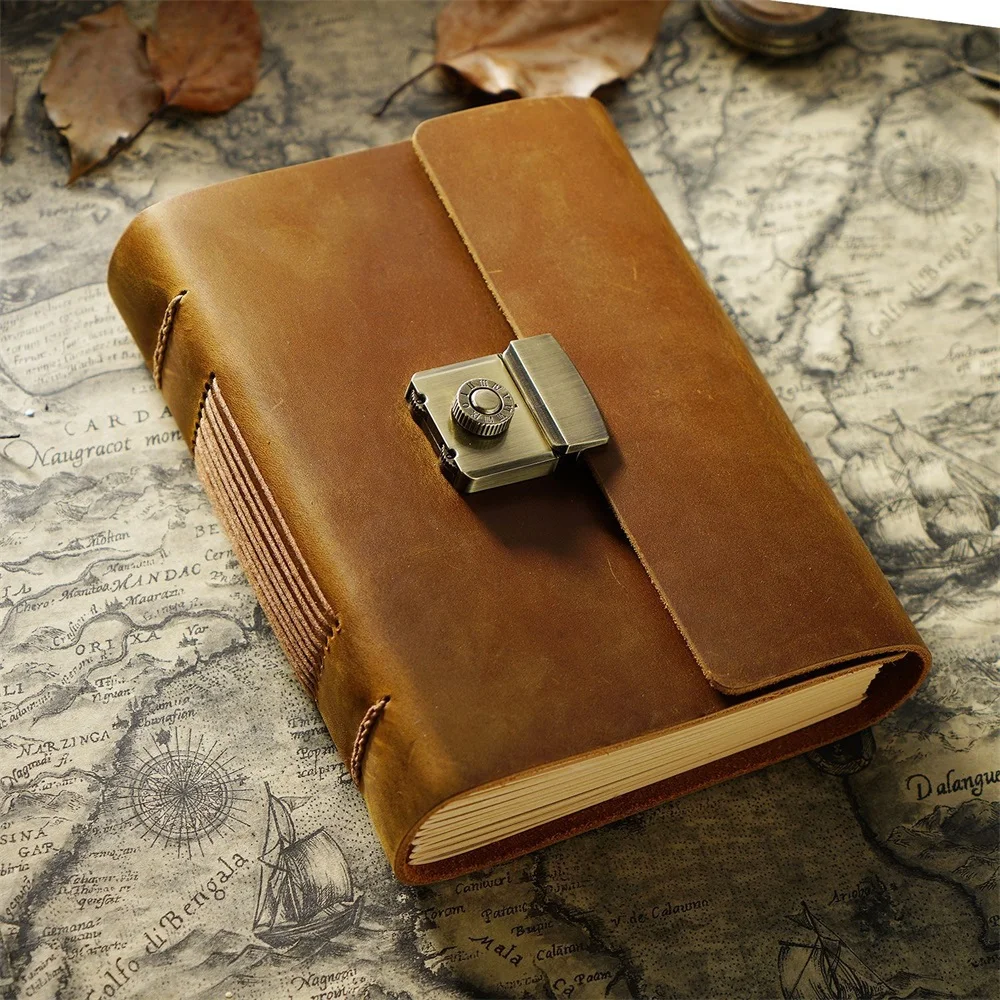 A6 Password Journal Cowhide Genuine Leather Cover Thick Note Book Metal Lock Planner Handmade Retro Notebook Blank 400 pages