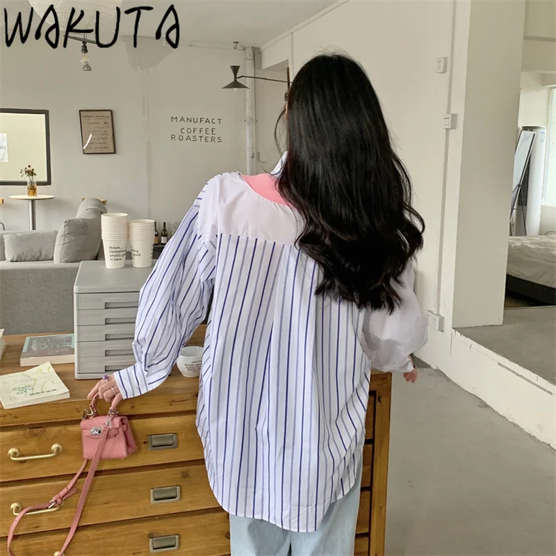 WAKUTA New Patchwork Striped Shirts Women Korean 2024 Spring Autumn Oversize Casual Streetwear Long Sleeve Fake 2 Piece Tops