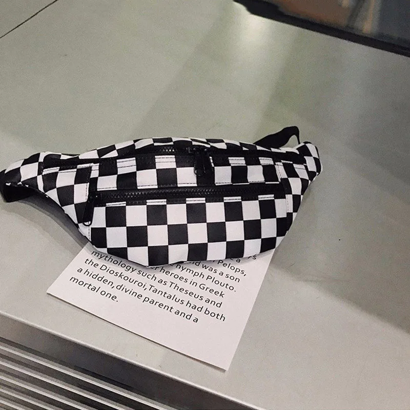 New Checkerboard Black and White Checkered Fashionable Waist Bag with Double Zippers and Canvas Crossbody Bag image 4